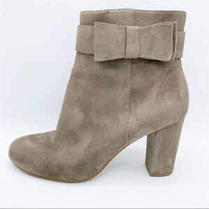 KATE SPADE New York Taupe Suede Ankle Boot w/Chunky Heel and Suede Bow at Ankle